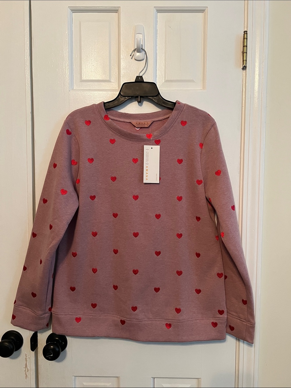 Heart-Print Pullover Sweatshirt - Mauve with Red Hearts